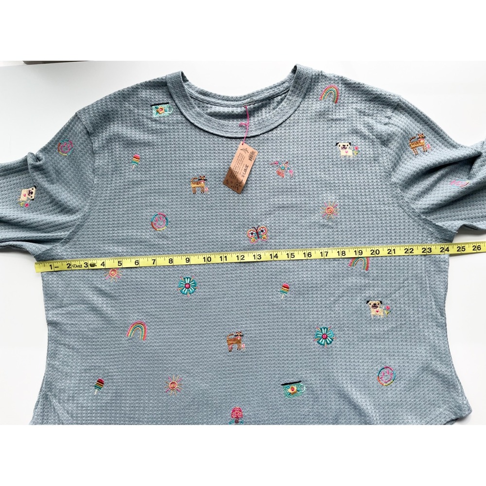 NEW Natural Life Parker Embroidered Thermal Tee Fave Things Womens XL Blue - Picture 8 of 11